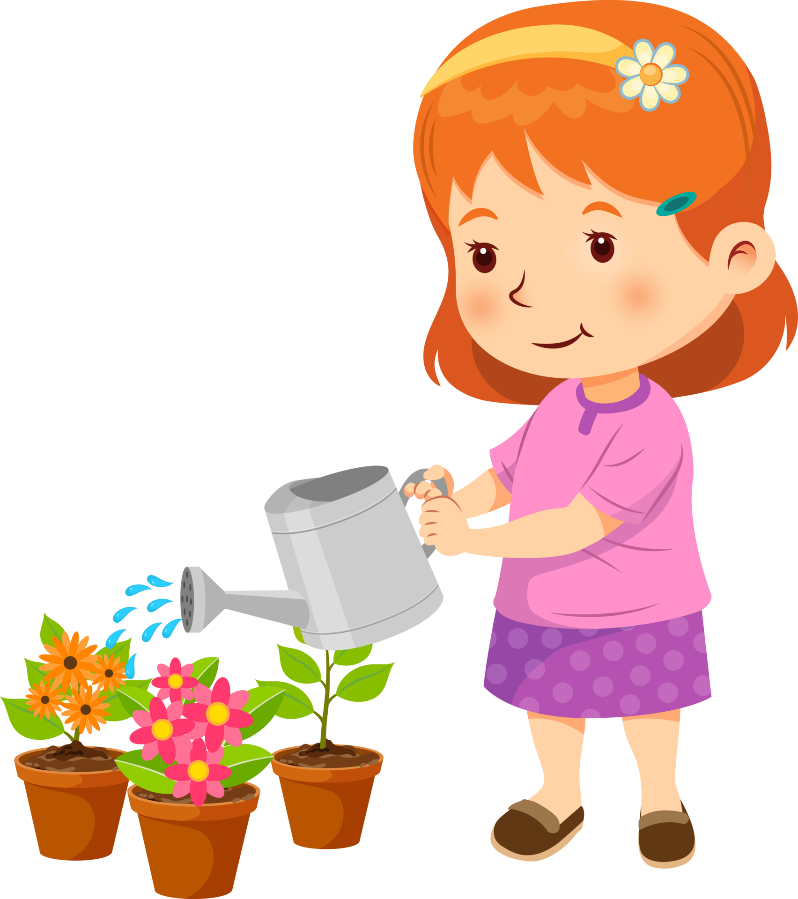 Dziewczynka podlewa kwiatki w doniczkach