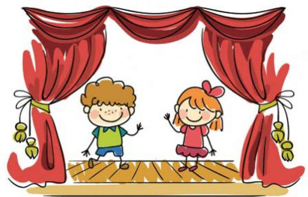 Rysunek sceny teatralnej z chłopcem i dziewczynką