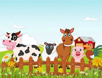 Zwierzęta krowa, owca, koń, świnia i kogut
