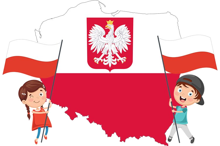 Rysunek dzieci z białoczerwonymi flagami, w tle mapa Polski
