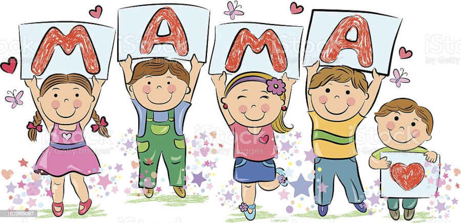 Rysunek dzieci trzymających literki ze słowem MAMA